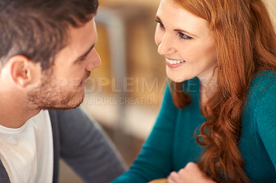Buy stock photo Couple, bonding and together with smile in cafe, love and happiness for peace in relationship. Adult, woman and girl with man or partner in coffee shop, excited and joy for marriage with guy