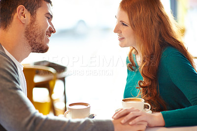 Buy stock photo Couple, happy and smile in cafe for coffee, conversation or discussion on date with love. Support, comfortable together and trust in relationship bonding, people at table with cappuccino in mug