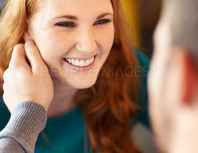 Buy stock photo Couple, love and touch on face in cafe, support and happiness for peace in relationship. Adult, woman and girl caress from man or partner with hand in coffee shop, excited and joy for date with guy