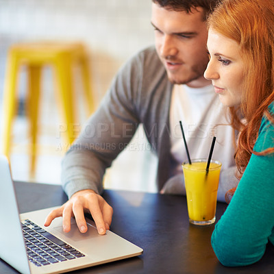 Buy stock photo Couple, man and woman with laptop in cafe with connectivity, internet and drink juice together. People, dating and busy in restaurant with beverage, computer and online with technology for project