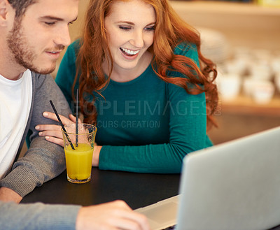 Buy stock photo Couple, juice and laptop in cafe with smile, connectivity and internet for laughter. People, man and woman in restaurant for a date with beverage, computer and online for bonding with technology