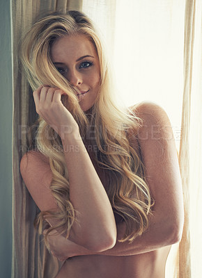 Buy stock photo Sexy, window and woman in portrait with body for nude confidence, freedom and self love in her home or bedroom. Young blonde model or person with hair in face and naked with alluring beauty