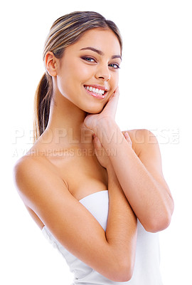 Buy stock photo Beauty, smile and portrait of woman in studio for health, wellness and facial treatment. Natural, cosmetic and young female person with dermatology routine for skincare glow by white background.