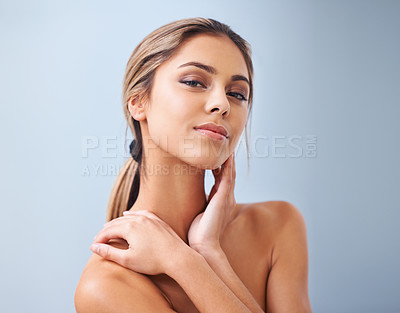 Buy stock photo Beauty, studio and portrait of calm woman with skincare from dermatology and self care with pride Girl, relax and healthy glow on face from cosmetics, treatment or model with facial in mockup space