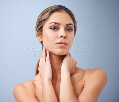 Buy stock photo Beauty, wellness and portrait of woman in studio for health, skincare and facial treatment. Natural, cosmetic and young female person with face dermatology routine for glow by gray background.