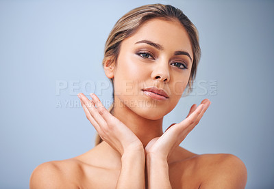 Buy stock photo Beauty, health and portrait of woman in studio for skincare, wellness and facial treatment. Natural, cosmetic and young female person with face dermatology routine for glow by gray background.