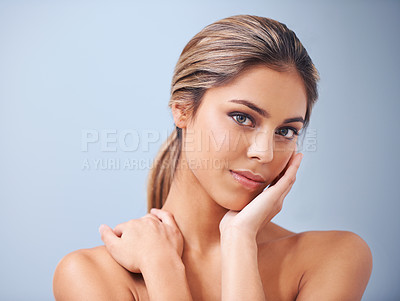 Buy stock photo Cosmetic, beauty and portrait of woman in studio for health, wellness and facial treatment. Natural, skincare and young female person with face dermatology routine for glow by gray background.