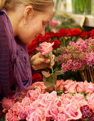 Buy stock photo Woman, smelling roses and retail for floral bouquet for scent, color and shopping for valentines day gift. Flowers, leaves and sustainable plants for beauty, present and sale in startup florist store