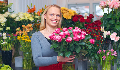 Buy stock photo Flowers, portrait of happy woman with bouquet and florist in greenhouse or small business. Eco friendly or green garden, floral gift and female person working at plant nursery or sustainable market