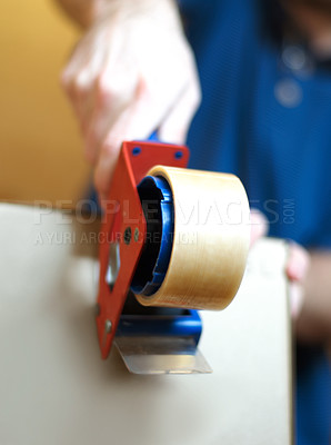 Buy stock photo Hand, tape closeup and cardboard box with delivery service, postage and logistics industry. Shipping, commercial and courier person sealing package to mail with e commerce, packaging and parcel