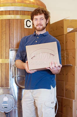 Buy stock photo Box, brewer and portrait of man with beer case after manufacturing product in a factory or distillery. Industry, happy and young male person, worker or seller smile and proud of alcohol product