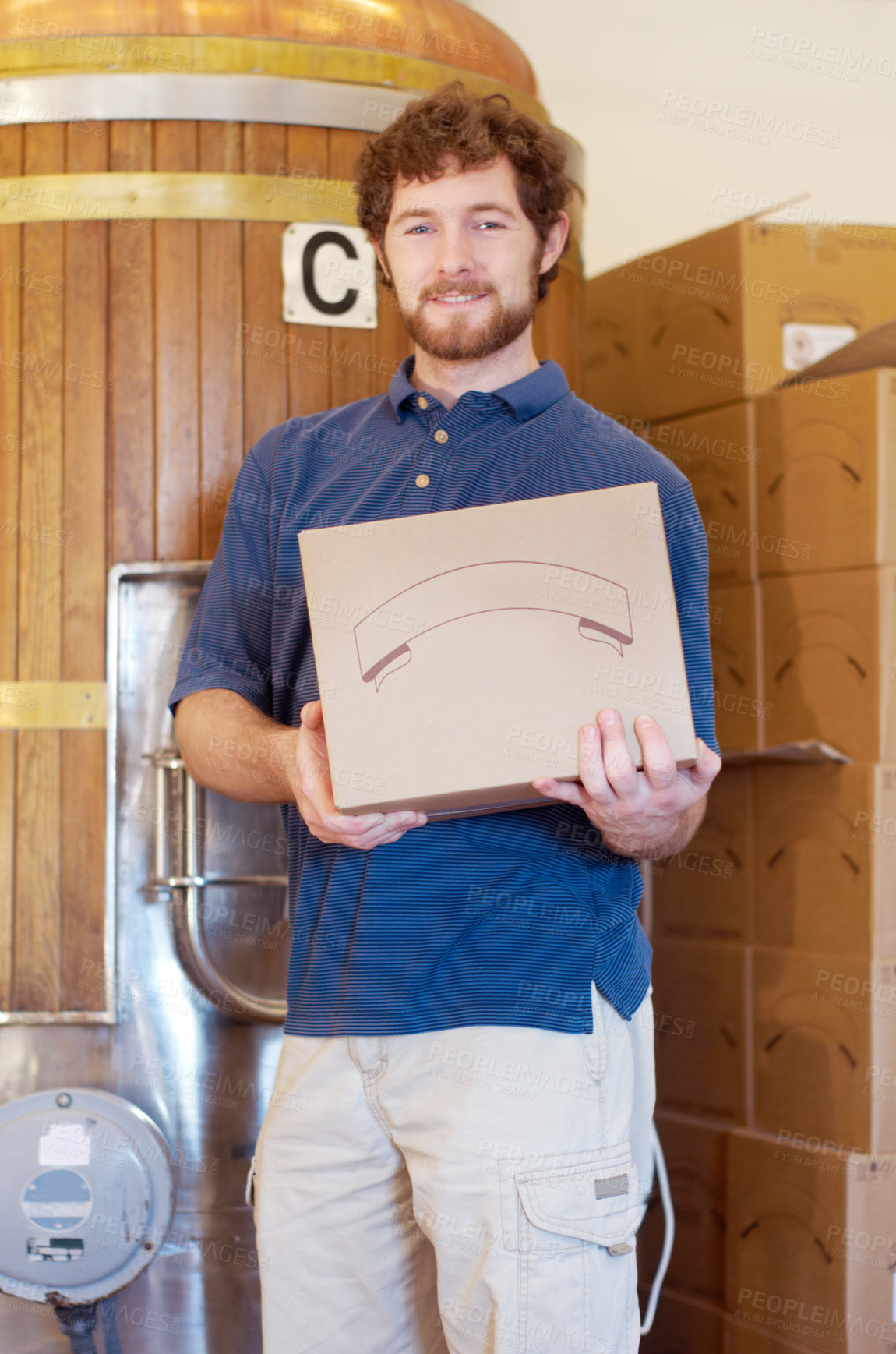 Buy stock photo Box, brewer and portrait of man with beer case after manufacturing product in a factory or distillery. Industry, happy and young male person, worker or seller smile and proud of alcohol product