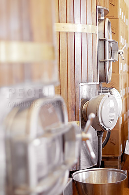 Buy stock photo Beer, brewery and manufacturing with equipment in factory for production, fermentation or storage. Alcohol, industrial and container in distillery in warehouse for drink, pressure machine and process