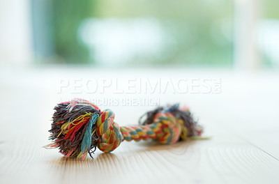 Buy stock photo Closeup of chew toy, colorful rope with knot and puppy accessory on wood floor with pet care and object. Color cotton plaything for games with dog, petshop product and entertainment for domestic pets