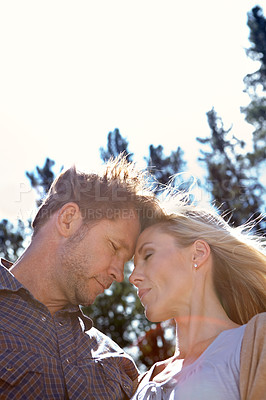 Buy stock photo Love, embrace and couple by trees at countryside for adventure, weekend vacation and travel together. Sky, man and woman outdoors in nature for summer holiday, romance and getaway trip in low angle