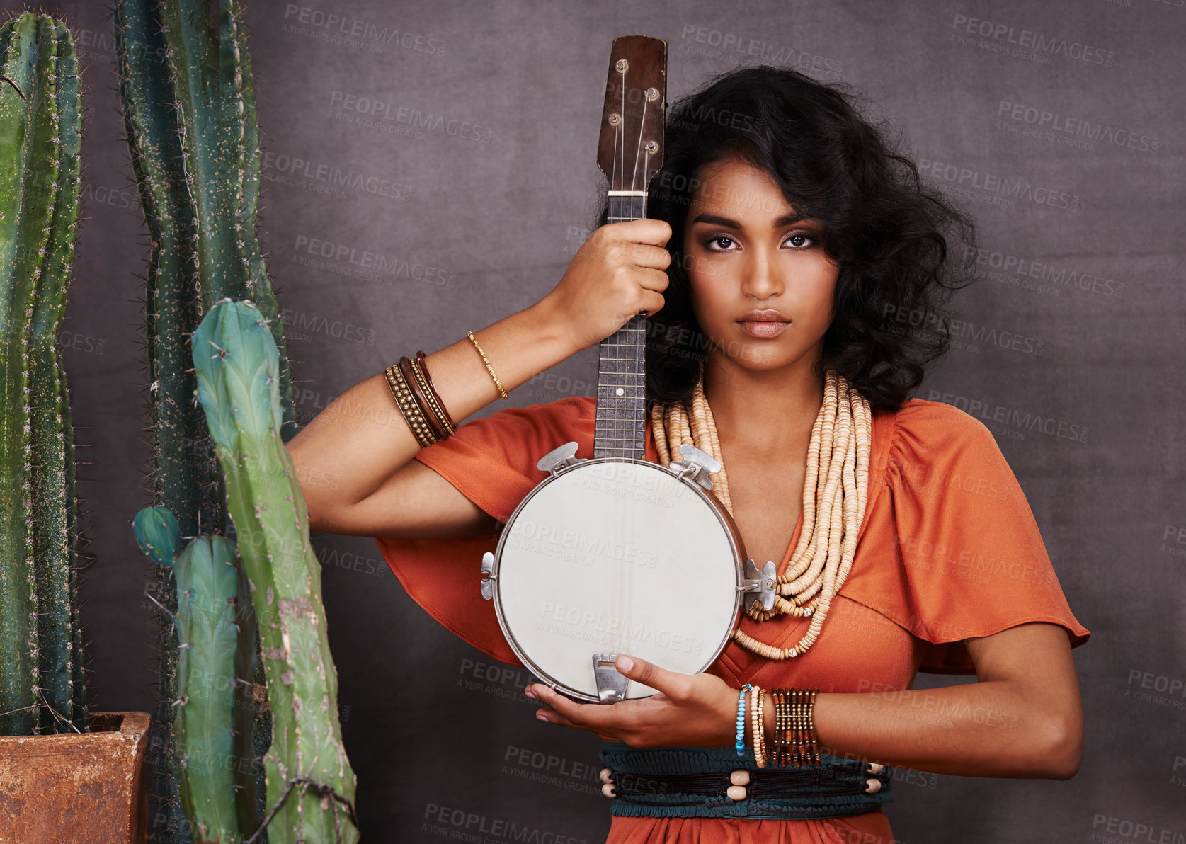 Buy stock photo Indian woman, fashion and confident with guitar in studio on grey background with cactus plant and jewelry. Portrait, female person and outfit with traditional necklace, trendy and creative look. 