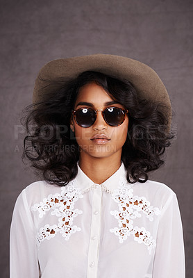 Buy stock photo Portrait, sunglasses and woman with cowboy fashion, confidence  and relax with girl in stetson hat. Rodeo, western style and Mexican model with cowgirl culture, wild west clothes and grey background