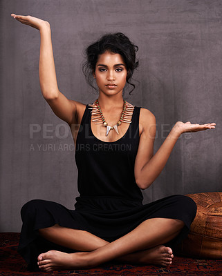 Buy stock photo Indian woman, meditation and portrait with pose for inner peace, mental health and self care for mindfulness. Female person, face and relax on floor with spiritual healing, wellness and zen.