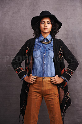 Buy stock photo Fashion, cowgirl or woman confidence in portrait, studio and cool culture or clothing on grey background. Native American person, western and stylish model with pride, boho style and hands on hips