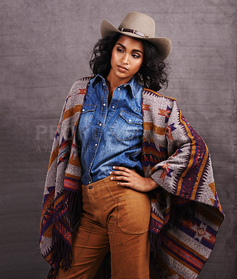 Buy stock photo Culture, cowgirl or woman thinking in studio, wild west and cool fashion or clothing on grey background. Native American person, western lady and stylish model with pride, boho style and confidence