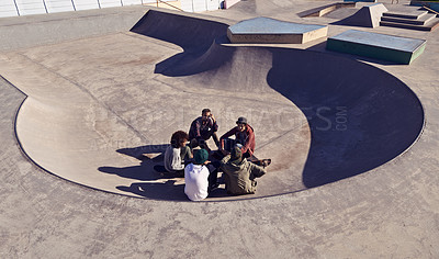 Buy stock photo Skatepark, friends and summer for skate, recreation and fun outdoor for active and game for break or holiday. Group or team and conversation for performing, trick and sports for wheel and action