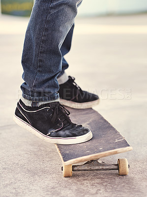 Buy stock photo Closeup, shoes and skateboard with energy, person and fitness with performance and hobby with skill. Skater, outdoor or summer with sneakers, cardio or sunshine with talent or balance with recreation