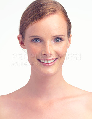 Buy stock photo Portrait, natural beauty and happy woman with skincare, health and aesthetic in studio isolated on a white background. Face, smile and ginger model with freckles, cosmetics and facial dermatology