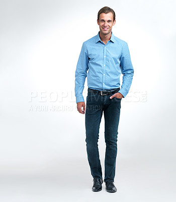 Buy stock photo Man, portrait and confident small business owner in studio, smile and fashion on white background. Happy male person, entrepreneur and outfit for style in startup company, positive and mockup space