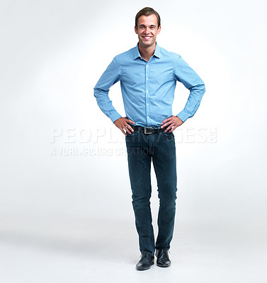 Buy stock photo Businessman, portrait and fashion in studio for professional, formal wear and trendy style with confidence. Entrepreneur, smile and happy on white background for cool, stylish and creative outfit