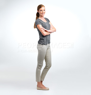 Buy stock photo Woman, portrait and confident in studio with smile, fashion and creative style in mockup. Female person, happy and pride in white background with arms crossed, entrepreneur and career for startup