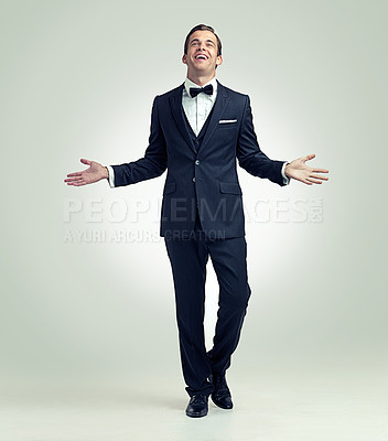 Buy stock photo A full length studio portrait of a young man posing confidently while wearing a vintage suit