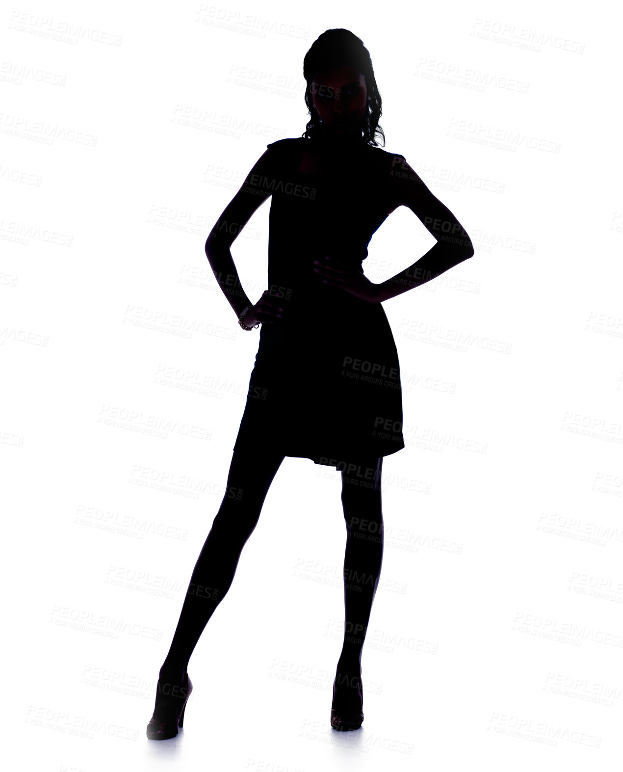 Buy stock photo Silhouette, woman and confidence in studio in fashion dress, pride and heels for glamour by white background. Model, person and hands on hips in mock up for art deco, dark shadow and elegant figure