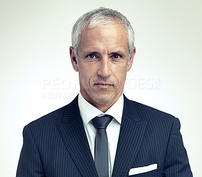 Buy stock photo Business, senior and portrait of man in studio for professional career, corporate culture and serious. Mature person, manager or ceo of lawyer firm or company, boss and isolated on white background