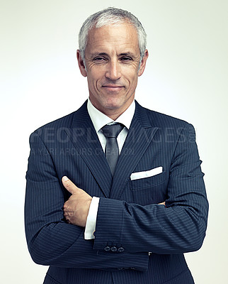 Buy stock photo Businessman, confident and portrait in studio for professional career, corporate culture and happy. Mature person, manager or ceo of lawyer firm or company, leader and isolated on white background