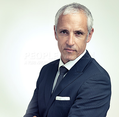 Buy stock photo Business, mature and portrait of man in studio for professional career, corporate culture and serious. Senior person, manager or ceo of lawyer firm or company, leader and isolated on white background