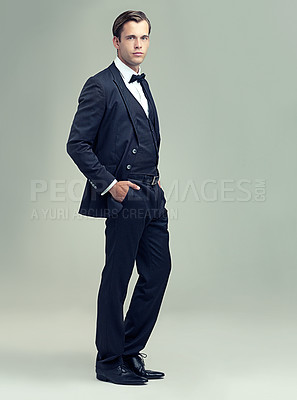 Buy stock photo Man, studio and portrait with rich, vintage and class for retro style and fashion. Gentleman, spy or agent with tuxedo, suit and luxury with confidence for black tie isolated on white background