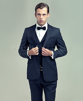 Buy stock photo Man, studio and portrait with vintage, suit and fashion for class or luxury retro wealth. Gentleman, tuxedo and spy or agent with confidence, style and serious attitude isolated on white background