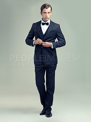 Buy stock photo Gentleman, studio and portrait with rich, vintage and class for retro style and fashion. Man, spy or agent with tuxedo, suit and luxury with confidence for black tie isolated on white background