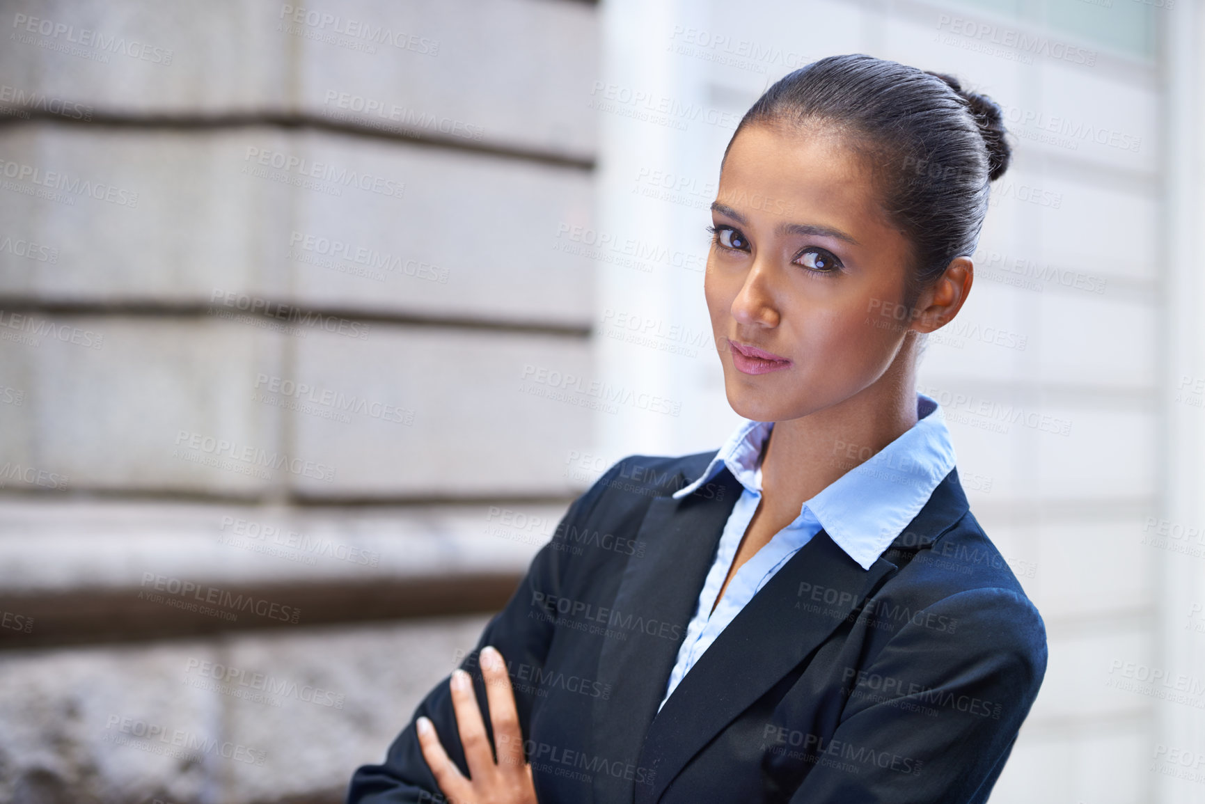 Buy stock photo Woman, lawyer and arms crossed in portrait or city for legal justice, travel and pride with confidence. Outdoor, consultant or face of female attorney, advocate or corporate advisor at courthouse