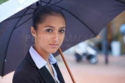 Buy stock photo Umbrella, travel or businesswoman in portrait or city for legal justice, commute and pride with protection. Outdoor, lawyer or face of female attorney, advocate or insurance advisor at courthouse