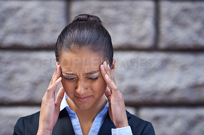 Buy stock photo Stress, lawyer and woman with headache in city for legal justice, travel and crisis with burnout or head pain. Wall, anxiety or face of a female attorney, advocate or corporate advisor with migraine