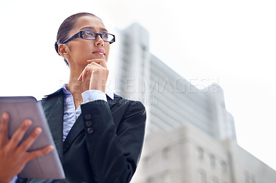 Buy stock photo Lawyer, thinking or woman with tablet in city for legal research, online app or social media post. Attorney, low angle or advocate with business email, networking or internet article ideas for travel