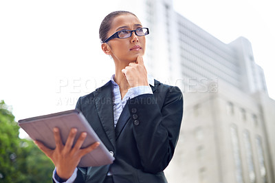 Buy stock photo City, business and woman with tablet, thinking and connection with digital app and entrepreneur. Urban town, corporate and professional with tech and website info with solution, choice and decision