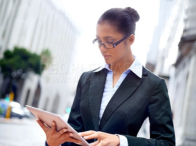 Buy stock photo City, business and woman with tablet, internet and social media with digital app and entrepreneur. Urban town, corporate and professional with tech and website information with connection and worker