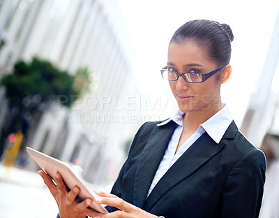 Buy stock photo City, business and woman with tablet, portrait and accountant with digital and entrepreneur. Finance, corporate and professional with tech and website information with connection, app and trading