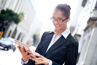 Buy stock photo Lawyer, portrait or happy woman with tablet in city for legal research, online app or social media post. Attorney, smile or advocate with business email, networking or internet article for travel