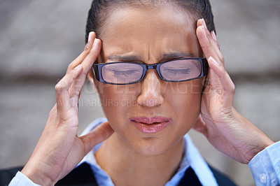 Buy stock photo Business, face and woman with headache in city for legal justice, travel or crisis with burnout or head pain. Wall, anxiety or stress with female attorney, advocate or corporate advisor with migraine