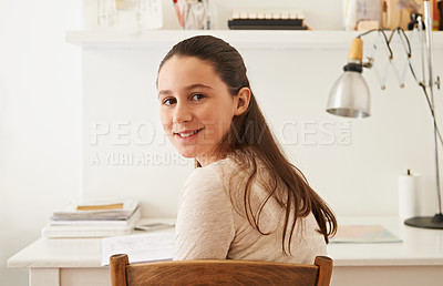 Buy stock photo Portrait, student or teenager with education, bedroom or learning with ideas or research for a project. Face, person and girl sitting at her desk, homeschool or lesson with books, study or thinking