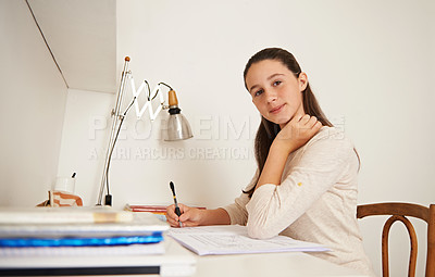 Buy stock photo Portrait, home and teenager or student, creative and education with desk and knowledge. Face, person and girl with studying and learning with books and reading with ideas and research for a project