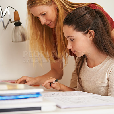 Buy stock photo Teen, mom and help with schoolwork in home, student and support for assignment or project. Mother, girl and knowledge on weekend in bedroom, education and assistance or guidance for learning by desk